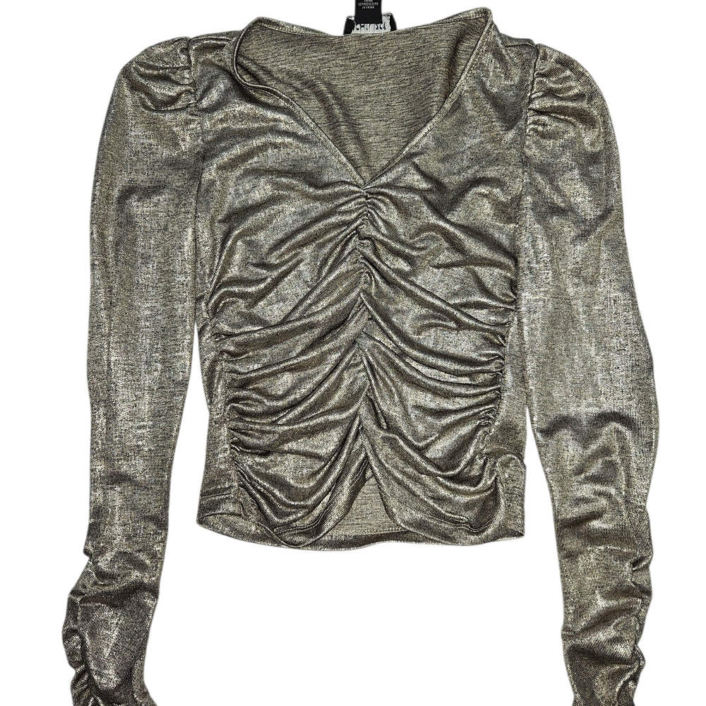 Rachel Zoe Metallic Ruched Long Sleeve V-Neck‎ Top XS Shimmery Party
